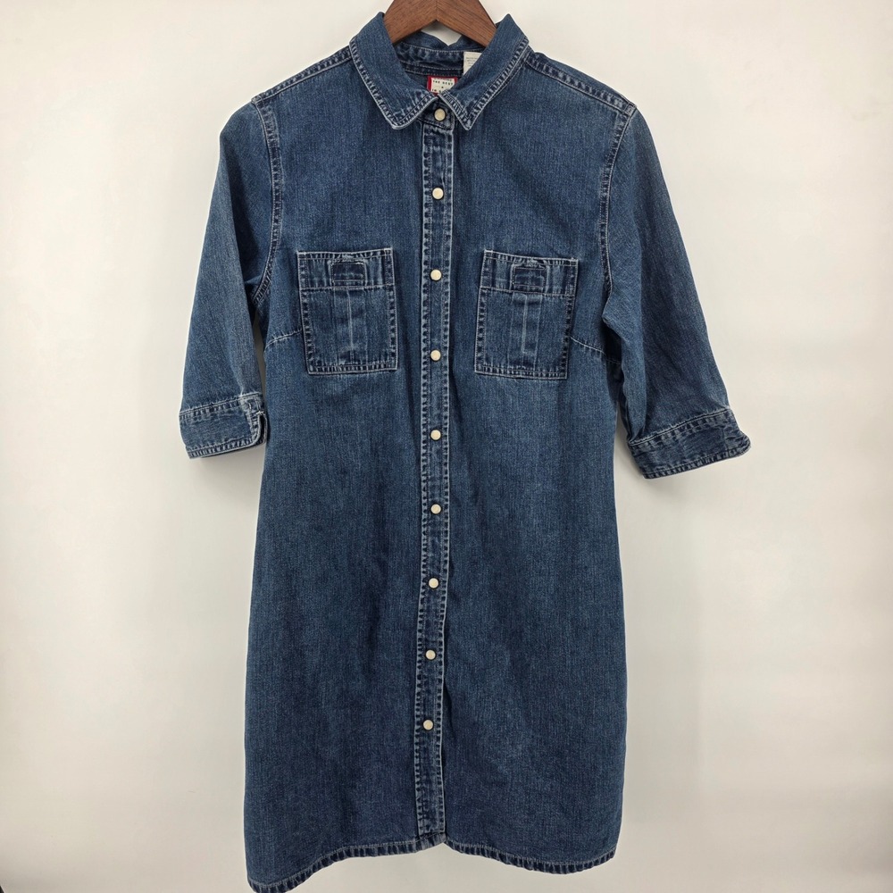 Old Navy 10 Vintage Denim Shirt Dress‎ 3/4 Sleeve Button Front Pockets Y2k 90s